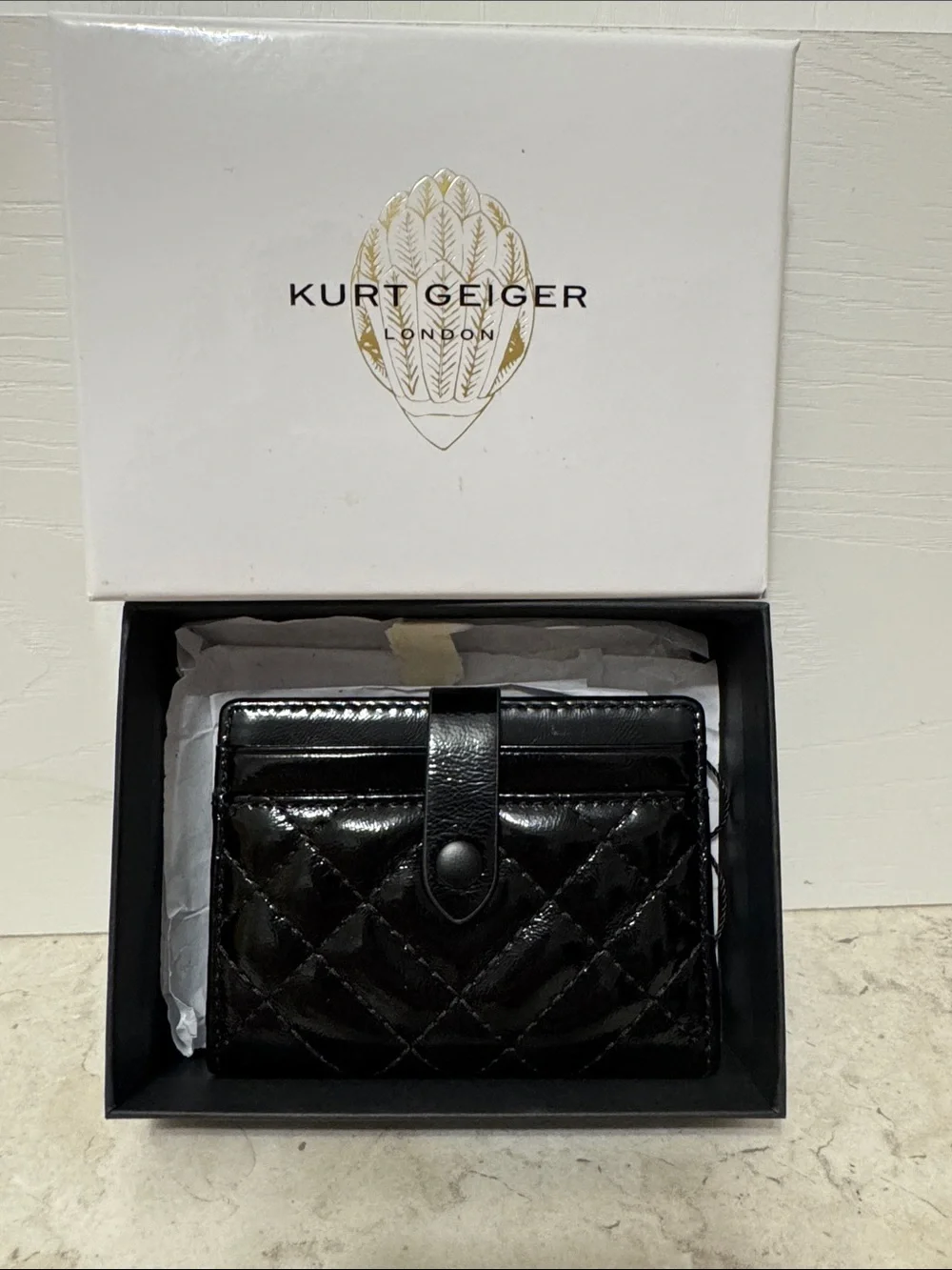 NWT and box Kurt Geiger Black London drench Quilted Patent Card Holder